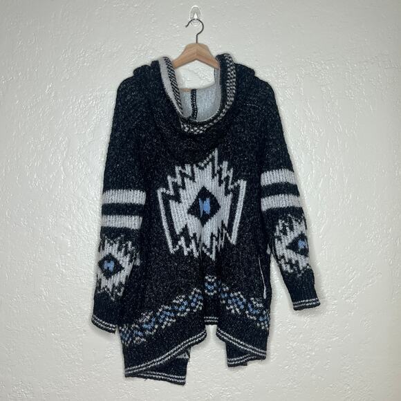 Anthropologie Nia Hooded Geometric Cardigan Gray White Blue Wool Blend S Petite - Picture 3 of 9